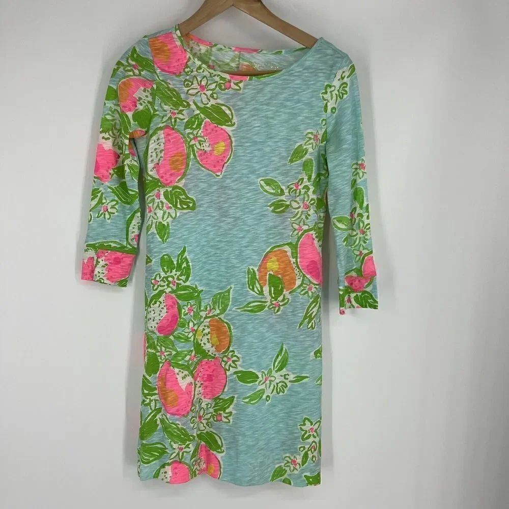 Lilly Pulitzer Marlowe Dress Size XXS Blue Pink 3/4 Sleeve Boho Floral Print